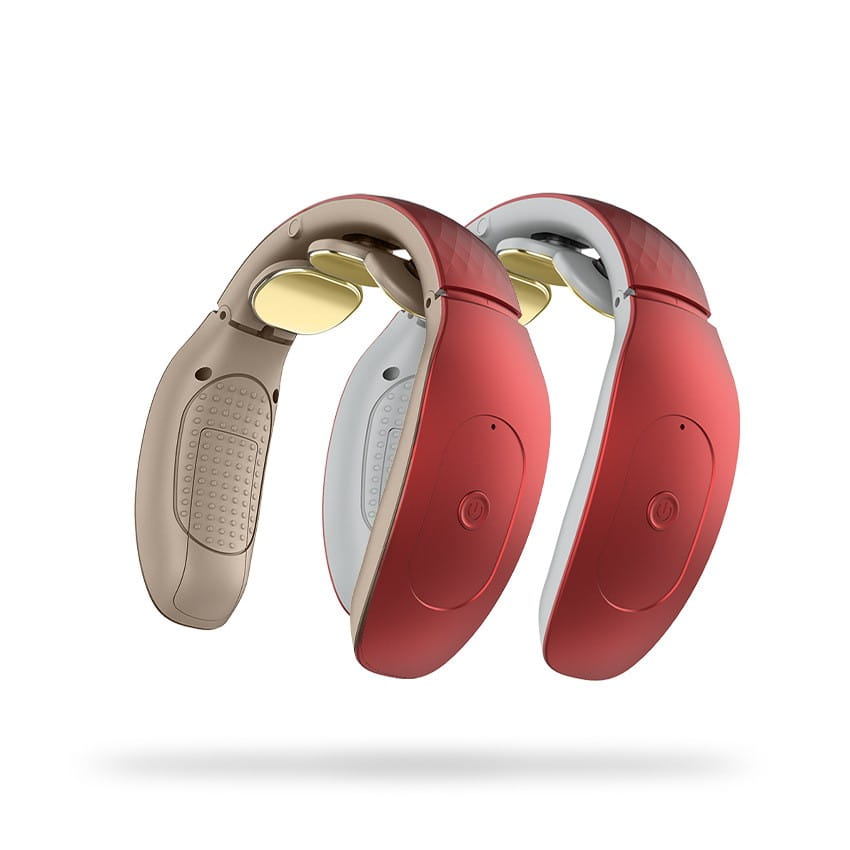 intelligent cervical massager featuring sleek red and beige ergonomic designs with gold massage heads for effective neck relief in a small massager size