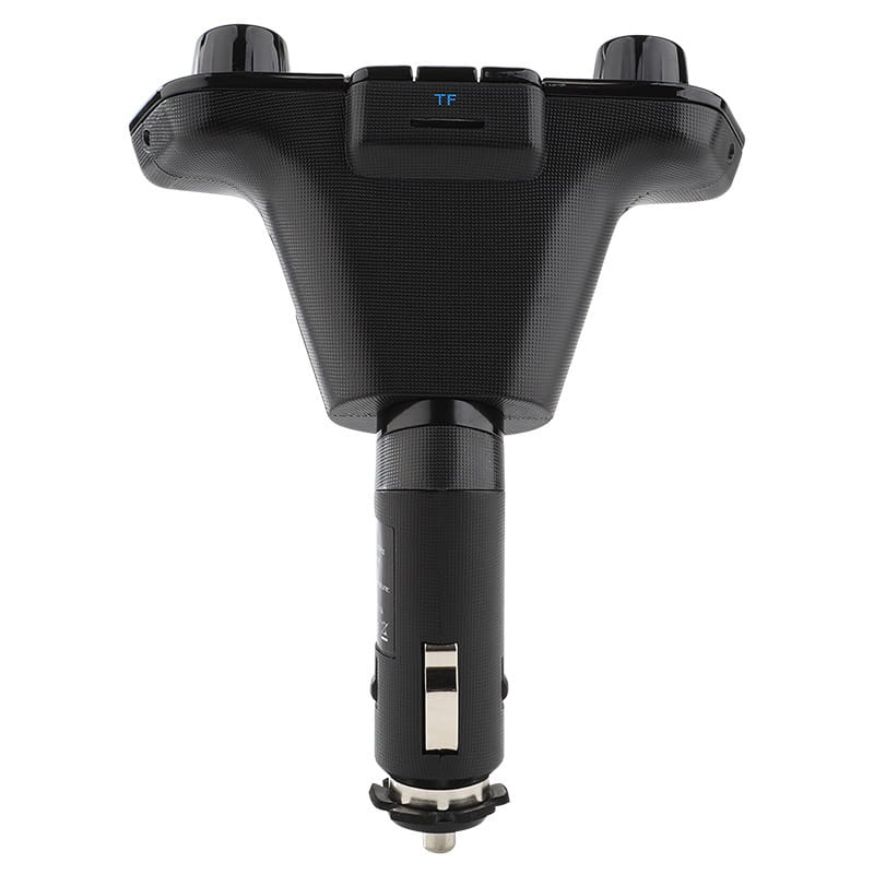 Black car mp3 player adapter with textured surface and tf card slot designed for Bluetooth car mp3 player with LED accent rings.