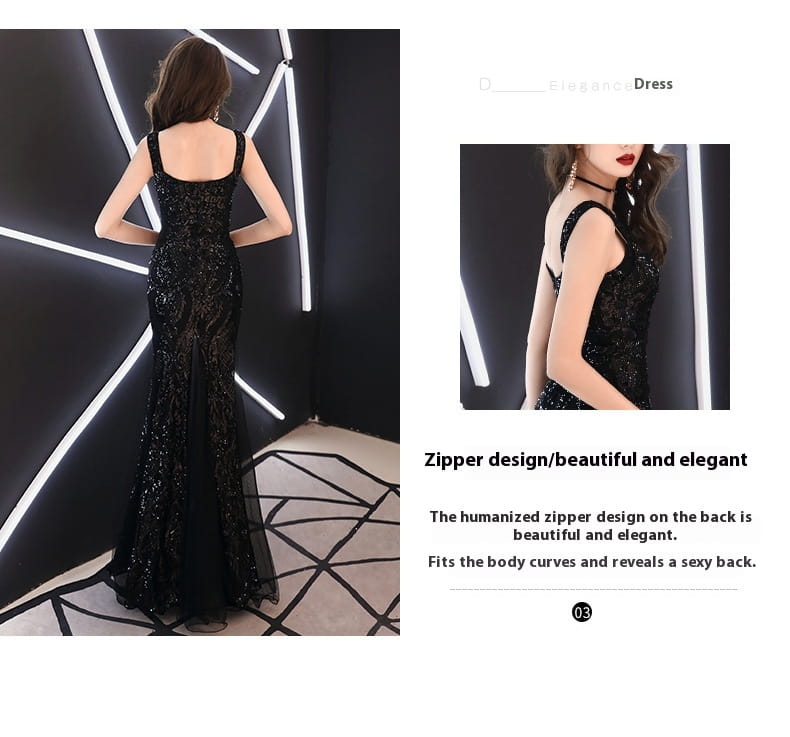 black fishtail long summer sequins sling evening dress shown from the back featuring a black sequined mermaid style with a humanized zipper design.