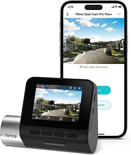 Black and silver 70mai a500s dash cam pro plus with built-in GPS featuring a small screen displaying live footage.