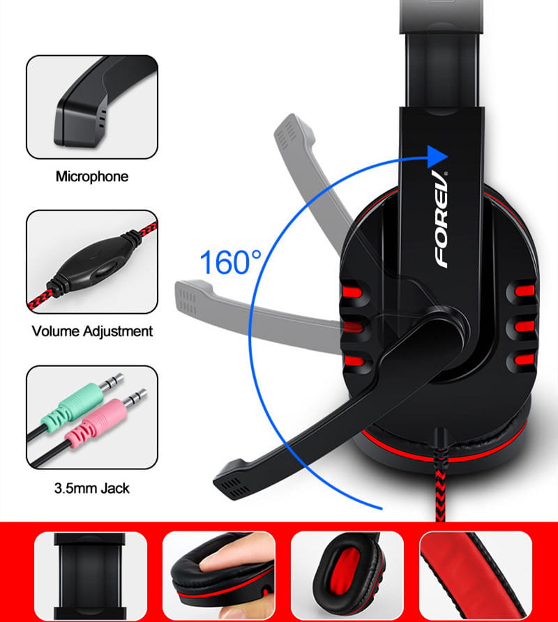 black and red gaming headset with a sleek ergonomic design and forev brand logo on the headband included in a black rgb four piece keyboard mouse headset bundle