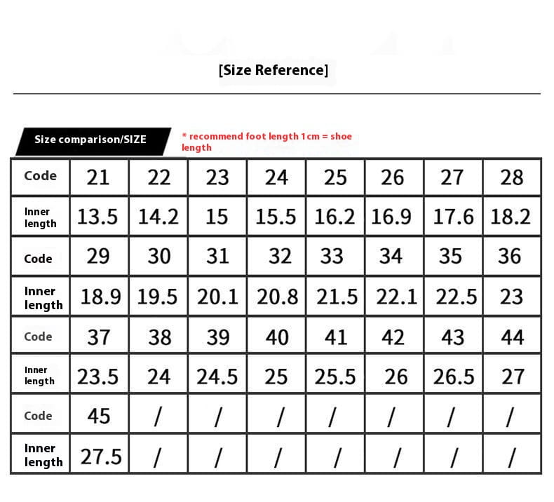 size reference chart for winged white high top light shoes children showing code to inner length conversions for accurate fitting of charging light shoes.