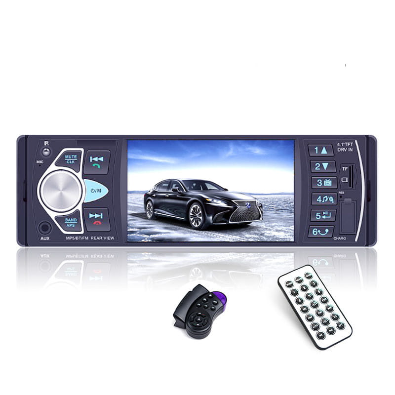 Black 4.1 inch large screen bluetooth car mp5 player with silver control dial and buttons displaying a black Lexus on its screen.