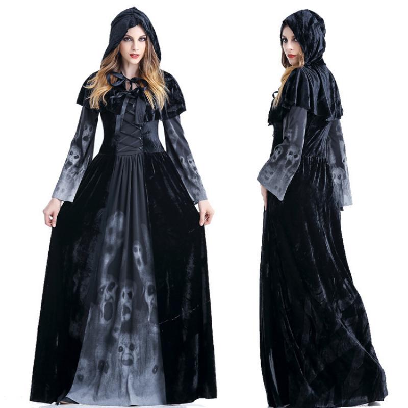 Black velvet women medieval gothic witch hooded dress with long sleeves featuring translucent skull-patterned fabric and a corset-style bodice.