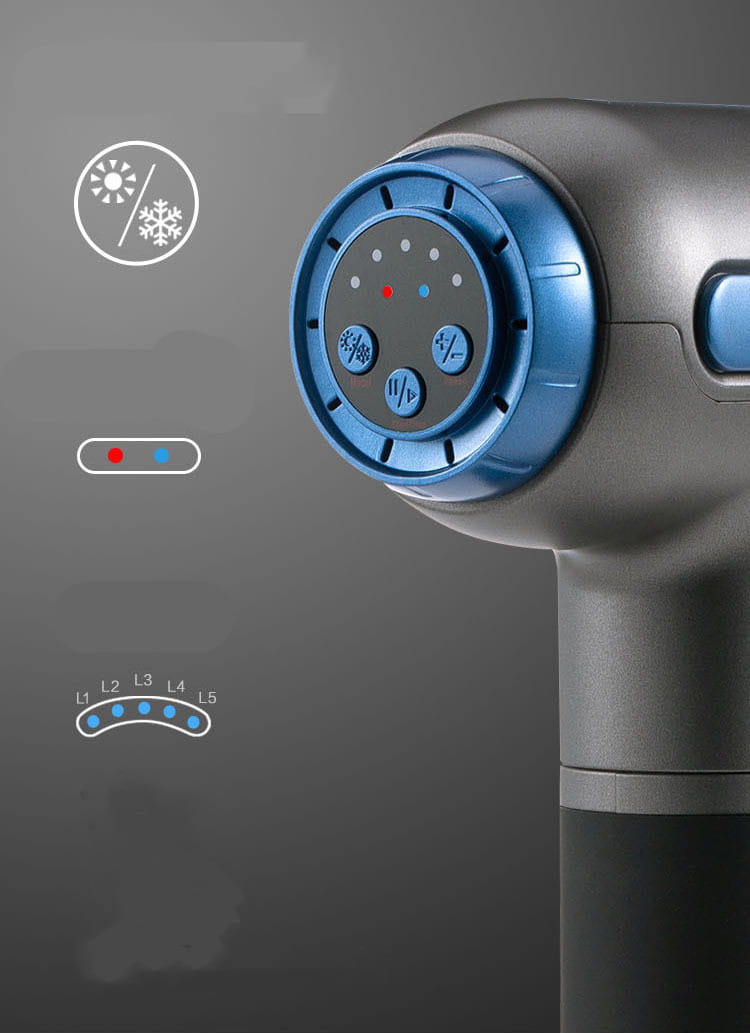 Handheld muscle relaxation massager in blue and gray with a circular control dial featuring hot compress temperature and intensity settings for effective muscle relaxation.