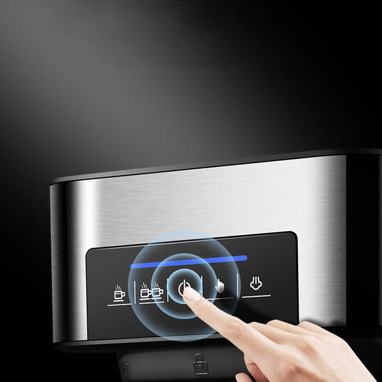 A sleek smart espresso machine with a brushed stainless steel body and a black touchscreen interface featuring illuminated icons for brew options and a steam milk frother.