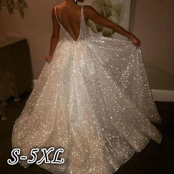 A pure white wedding evening dress featuring a shimmering sequined ball gown design with a deep v-back and a flowing skirt shown from the back side.