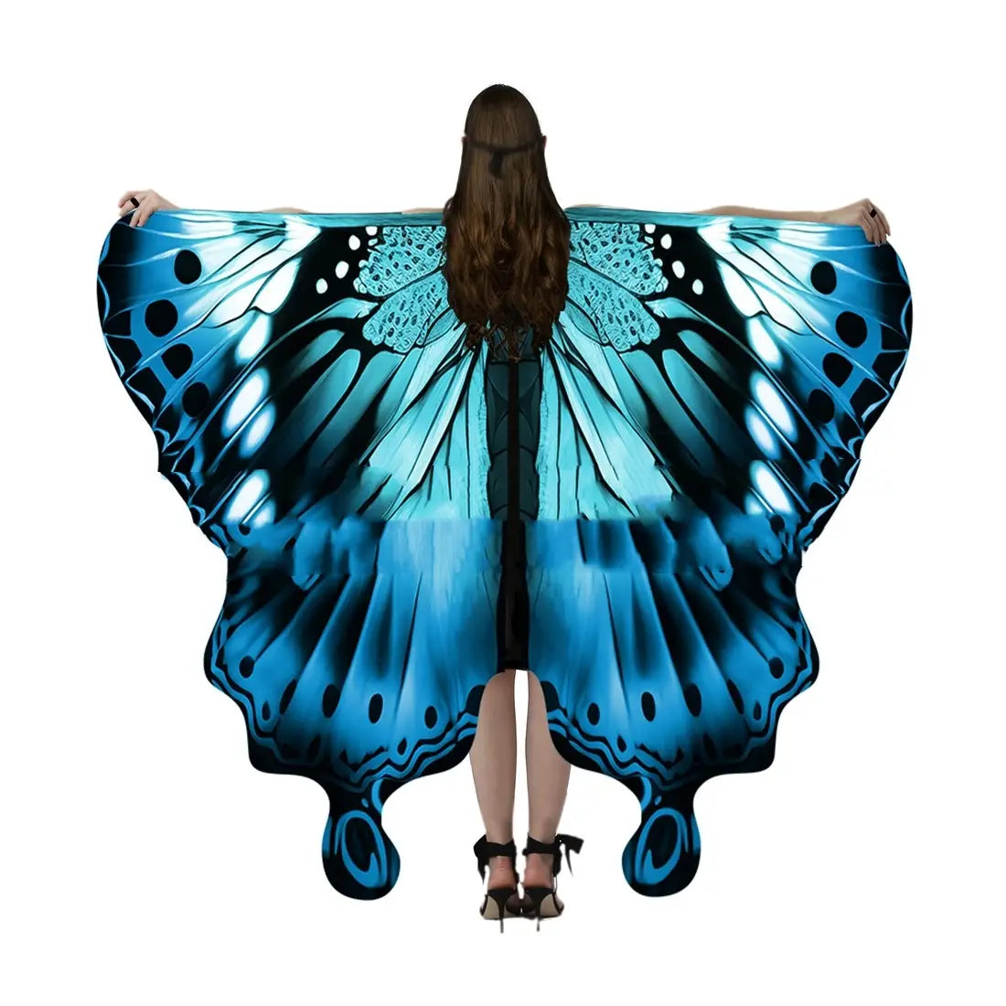 Iridescent butterfly talma halloween costume featuring a vibrant blue butterfly wing cape with intricate black veining and white spots designed to resemble american butterfly talma wings.