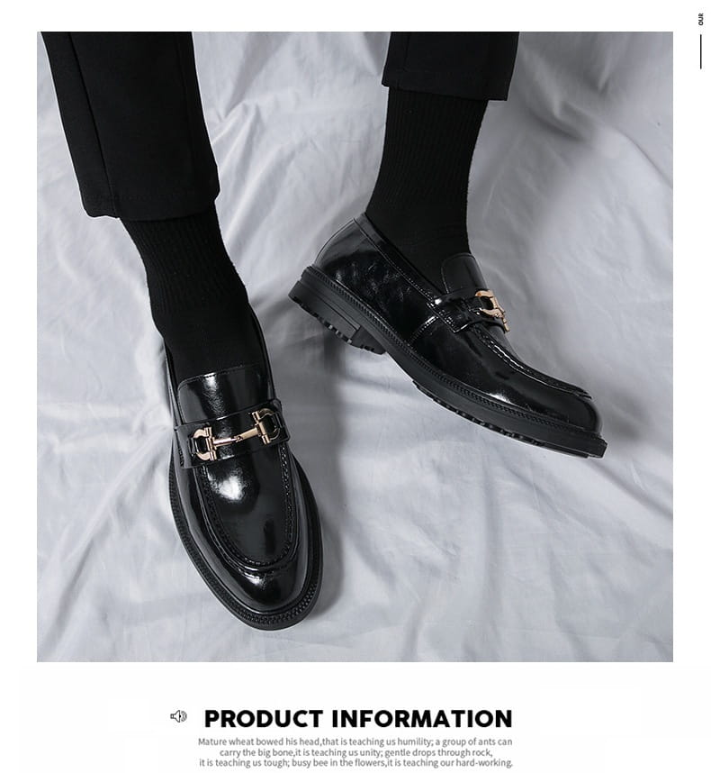 Black patent leather horsebit loafers male with gold tone buckle suitable for male fashion formal wear