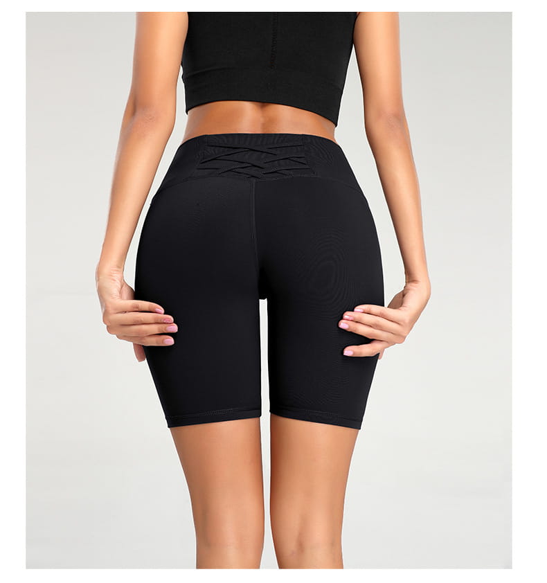 black high waist fitness gym bike shorts with lace-up back detail designed for athletic and yoga use
