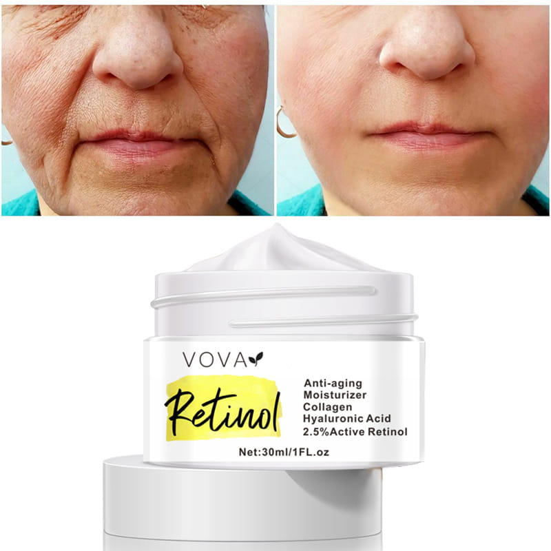 white vova retinol anti-aging moisturizer face cream 30ml jar with yellow label and silver lid containing active retinol formula for skin rejuvenation