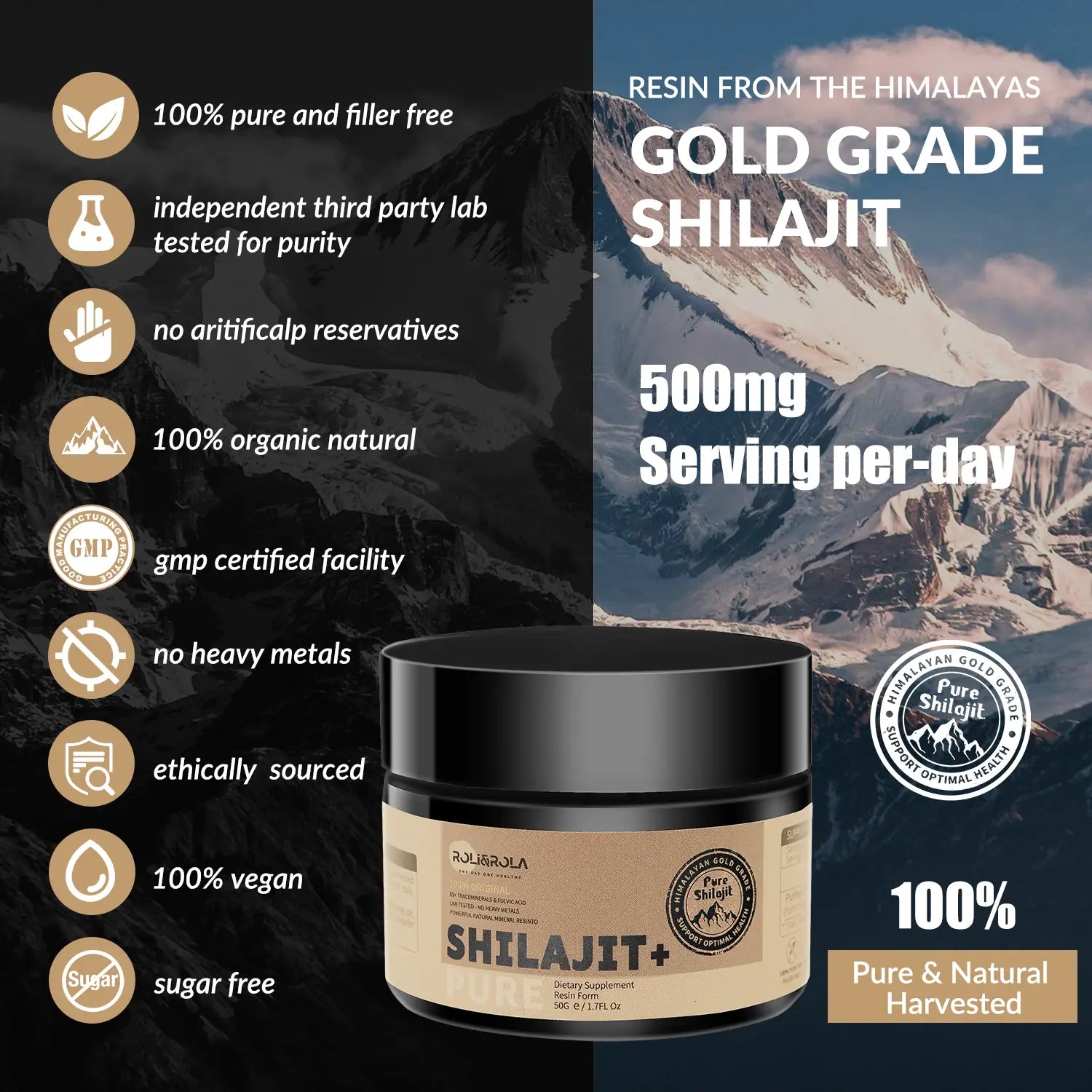 Black and tan cylindrical container of Rajaraja shilajit resin 50g dietary supplement labeled with gold grade Himalayan resin.