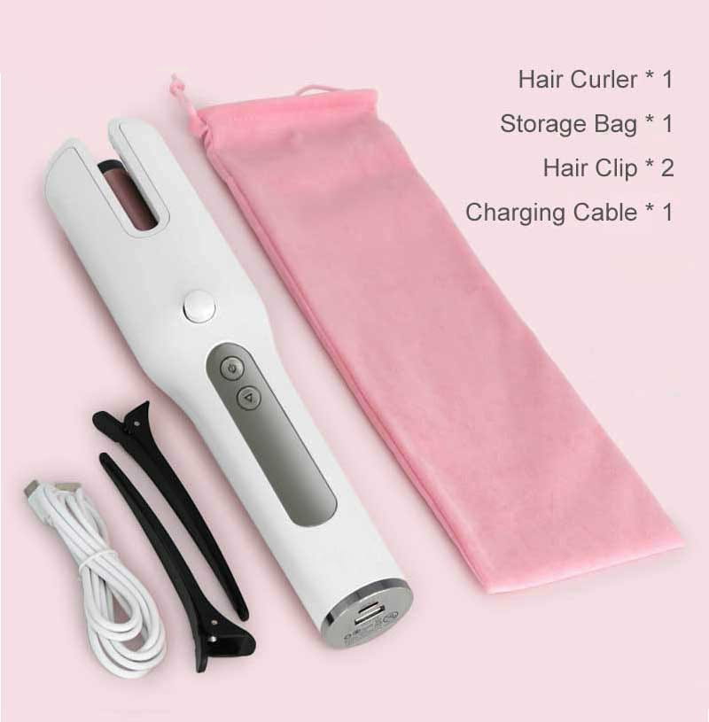 white and silver wireless automatic curler with a sleek ergonomic design featuring a usb lcd screen for easy use