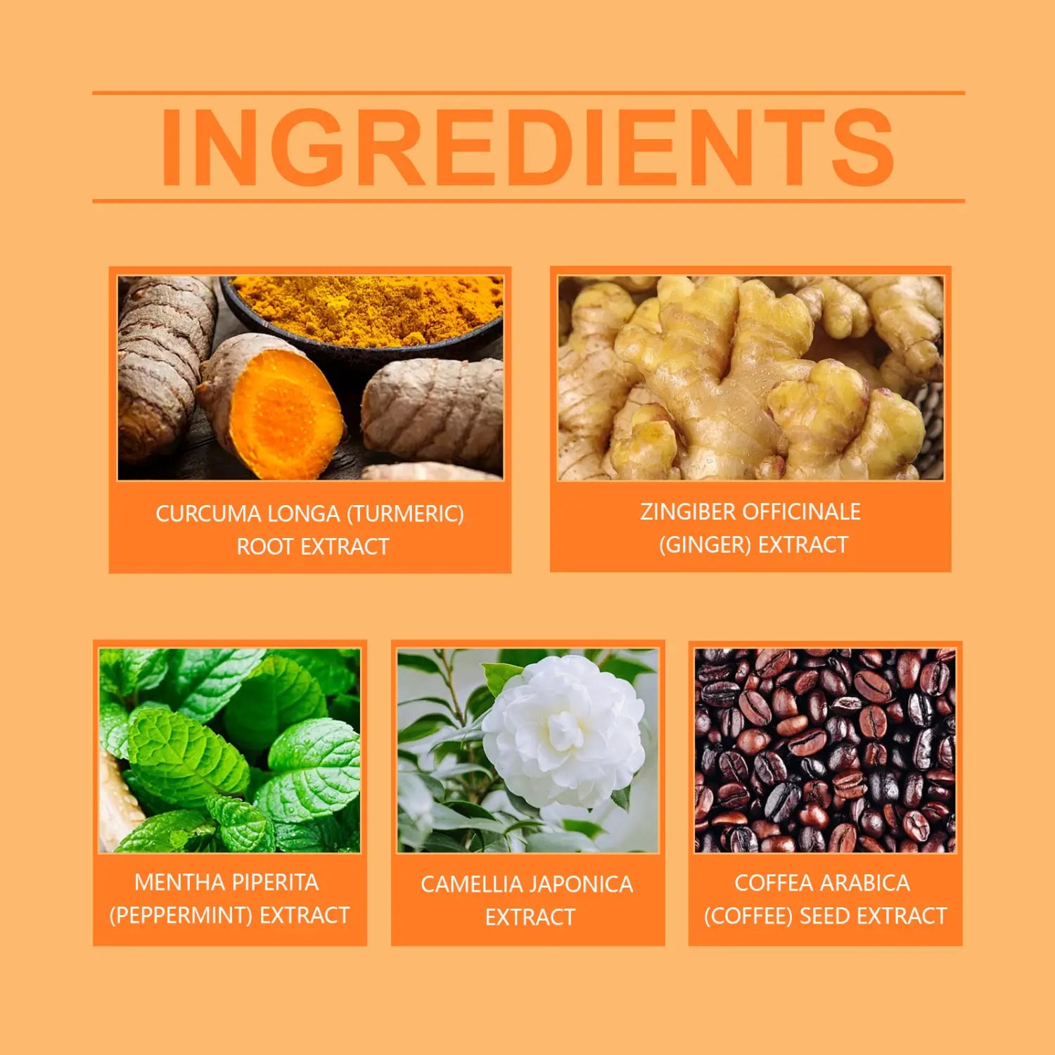 The vibrant orange background highlights herbal beauty ingredients with turmeric root extract featured in dark bowls on the south moon herbal beauty shaping body patch packaging.