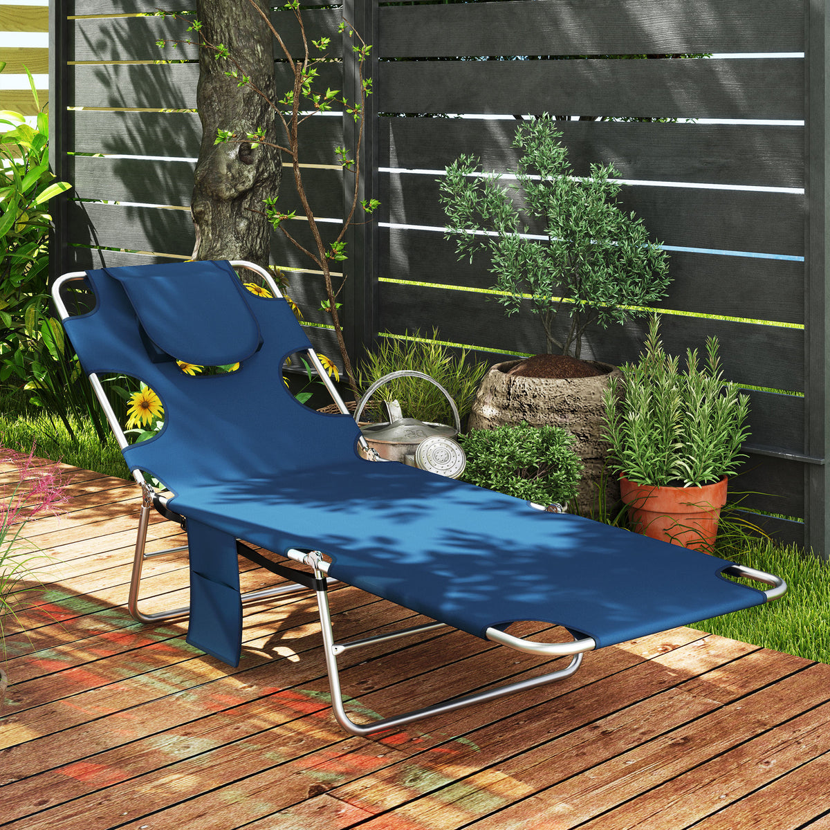 Folding Outdoor Chaise Lounge Sun Tanning Chair with Face Cavity, Pillow & 5-Level Adjustable Backrest – Dark Blue
