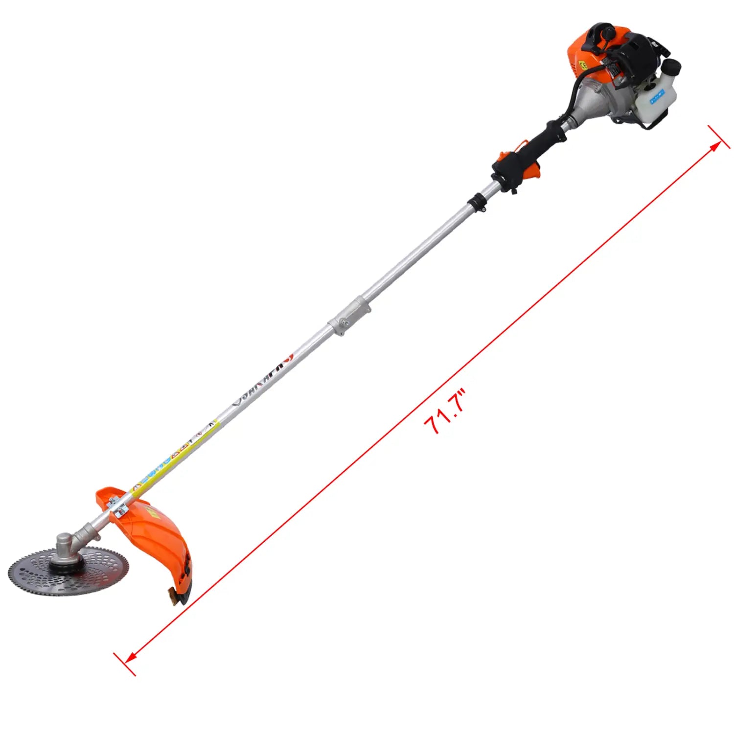 Orange and black gas-powered hedge trimmer and brush cutter multi tool set with a silver shaft designed for efficient plastic pruning tools usage.
