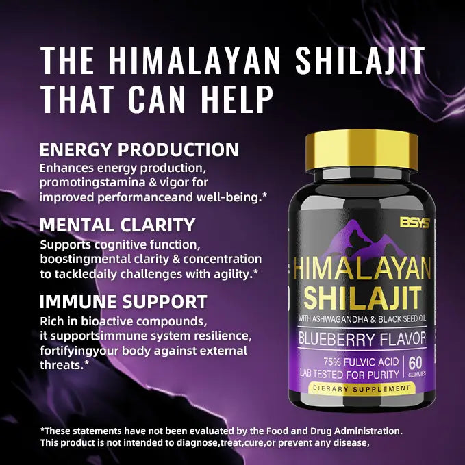 black bottle with gold cap and purple labeling featuring bold yellow text himalayan shilajit for bsys shilajit gummies blueberry himalayan shilajit gummies 60 count product