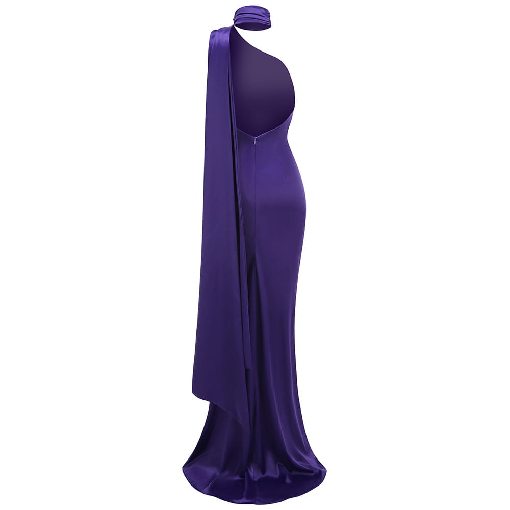 a sleek one shoulder fitted high waist purple satin rose gown with a draped sleeve and matching headband in a high waist pure color