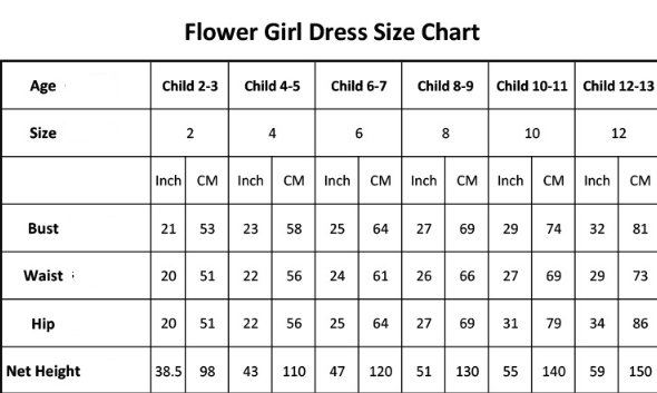 Flower girl dress size chart showing measurements in inches and centimeters for the blush lace princess dress flower girl evening dress for children aged 2 to 13.