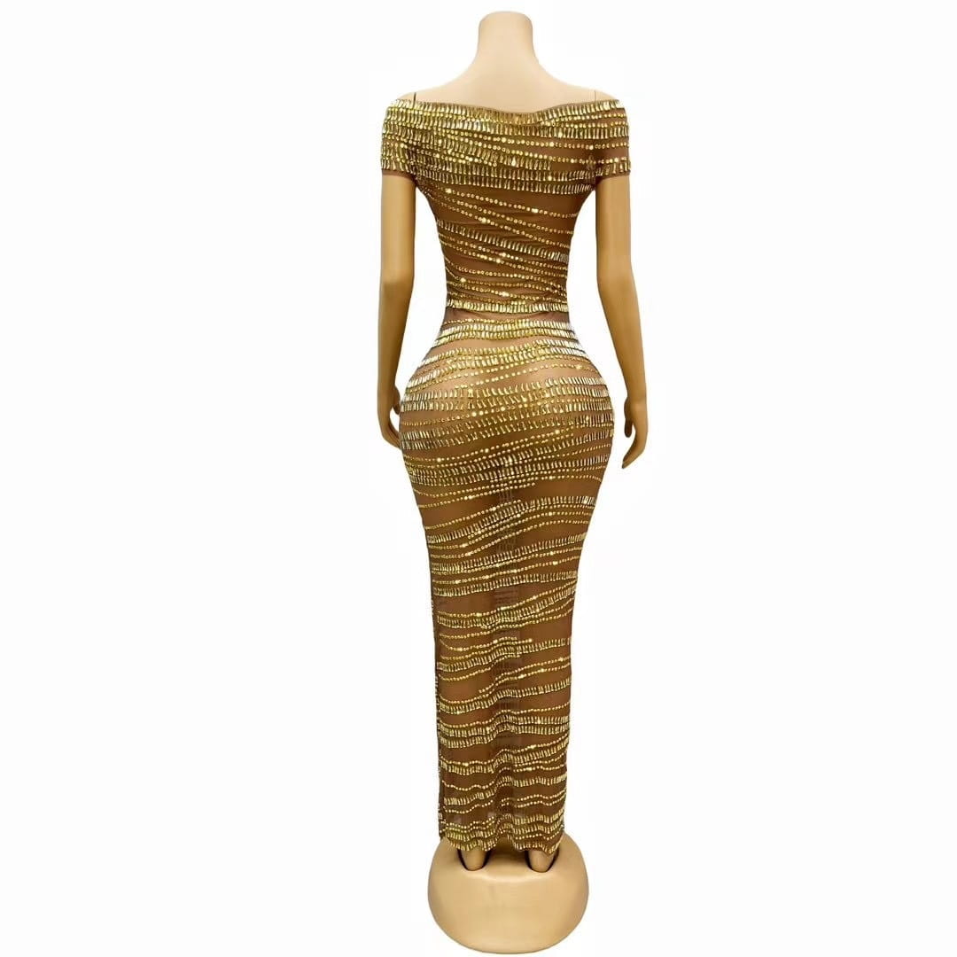 A sexy luxury shiny gold off-the-shoulder bodycon dress featuring a fitted silhouette and horizontal rhinestone sequin detailing.
