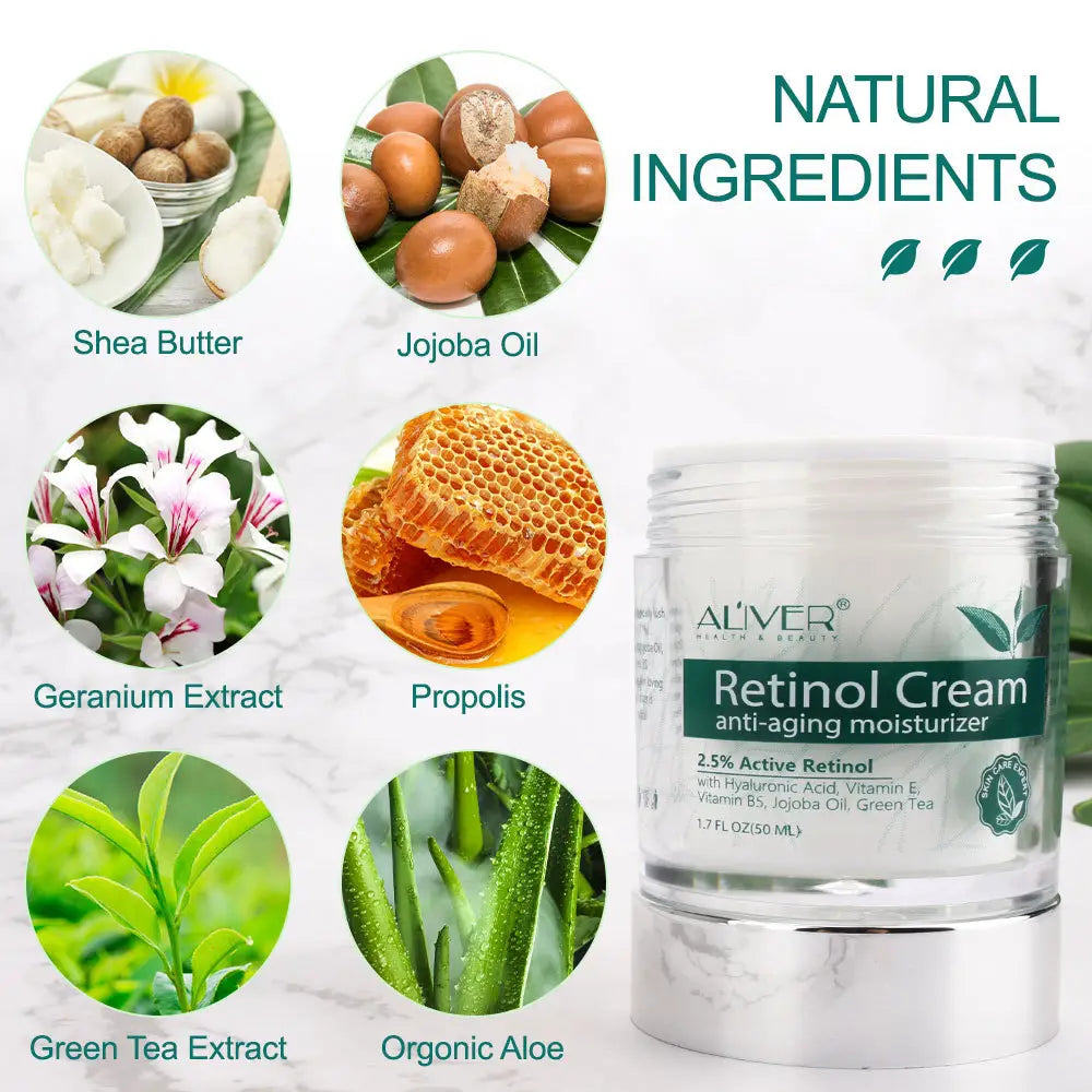 Clear glass jar with silver metallic base containing 2.5% active retinol cream retinol moisturizer featuring natural ingredients like shea butter jojoba oil and geranium extract for anti-aging use.