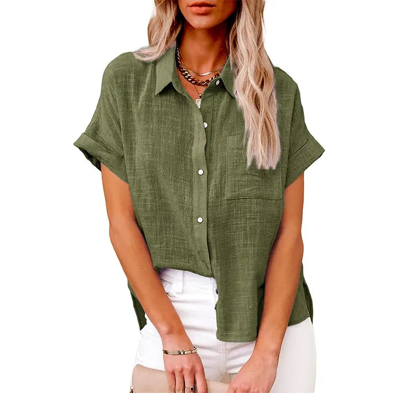 olive green casual cotton linen pocket shirt featuring a subtle textured weave short sleeves and rolled cuffs designed for fashion casual cotton wear