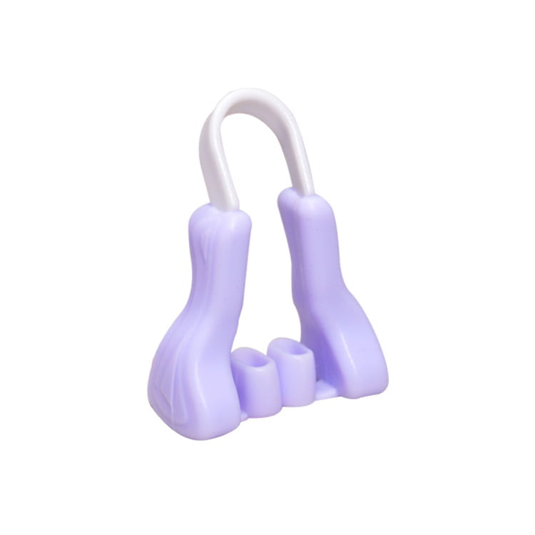 Lavender-colored silicone nose reshaping clip with a white plastic loop handle designed for silicone nose reshaping.