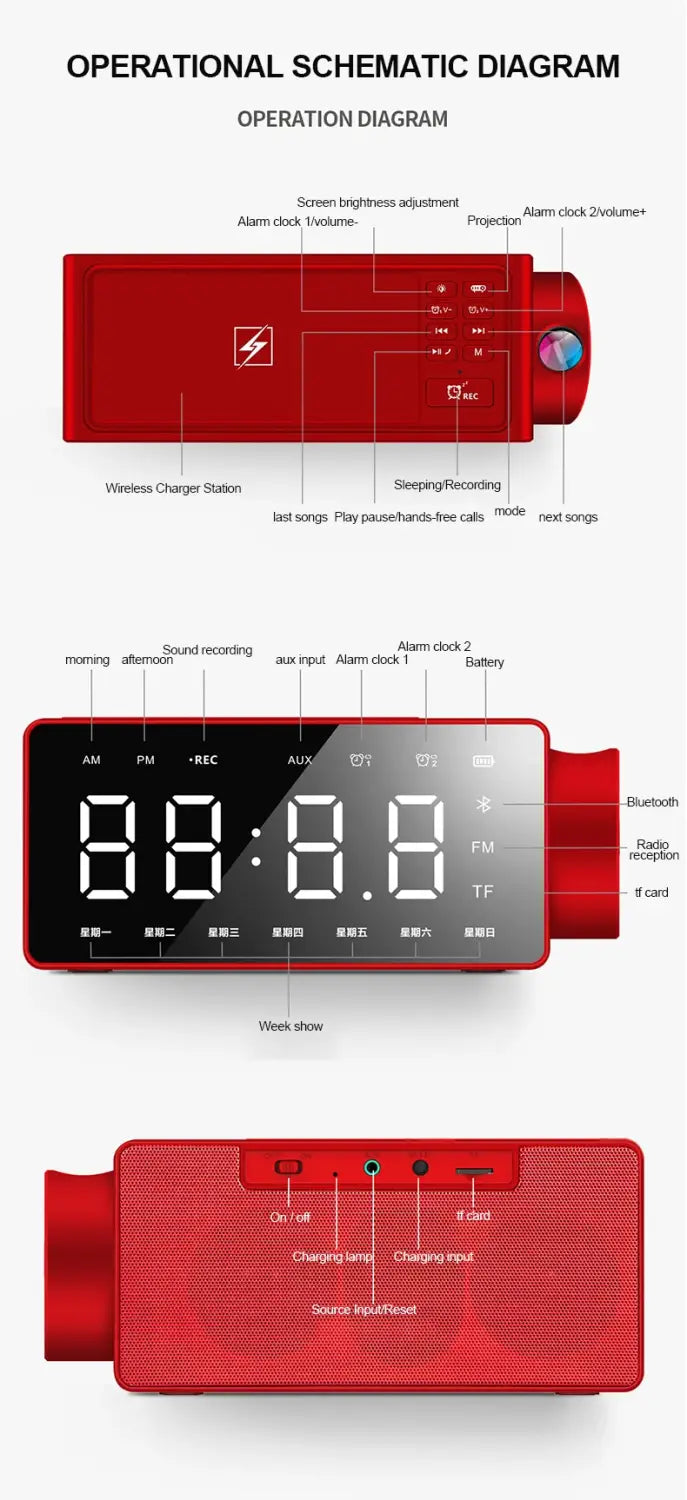 red rectangular bluetooth alarm clock with digital display and wireless charging station from s91s fashion wireless bluetooth speaker clock.