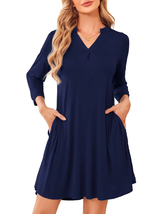ZENNILO Women’s 3/4 Sleeve Dress V Neck Plus Size Tshirt Dress for Women Knee Length with Pockets Navyblue