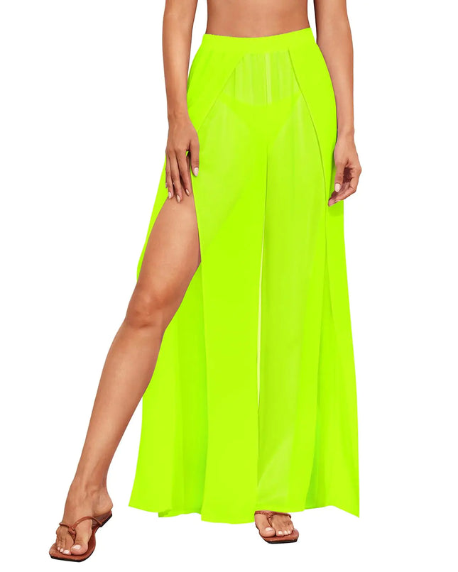Pinup Fashion Cover Up Pants Neon Yellow Swimsuit Bathing Suit Sheer Coverup Pant Women Split Beach Pants S-XL