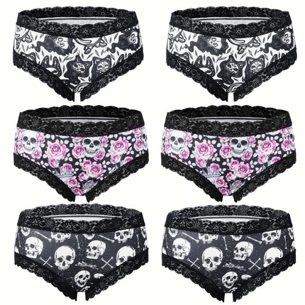 SENBEVINI 6pcs Gothic Chic Low-Rise Bikinis - Contrast Lace Skull & Eyeballs & Stars Print Comfortable Hipster Panties for Women (US Alpha Large Regular Regular Multicolor) - Royalessencelux