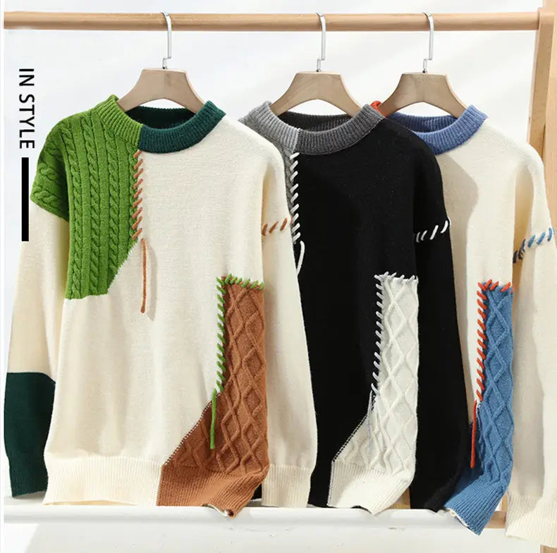 Three patchwork knit ins colorblock pullovers feature cream bases with green, black, or blue color blocks and textured cable-knit panels ideal for winter fashion.