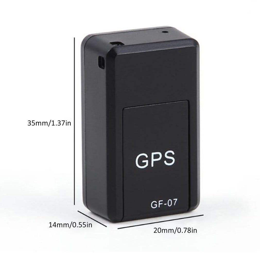 Black rectangular real time magnetic mini gps tracker gf07 with sim card support and model number gf-07 printed in white on its front face.