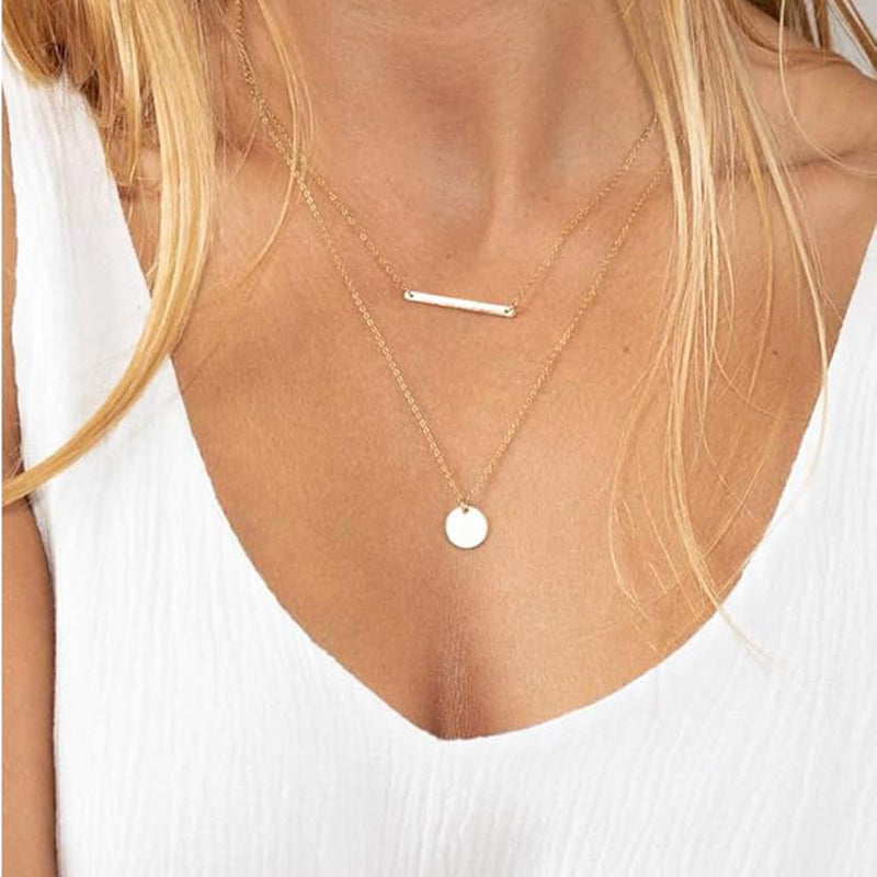 3-Piece Dainty Layered Choker Necklace Set 14K Gold Plated Y Pendant Bar Disc
