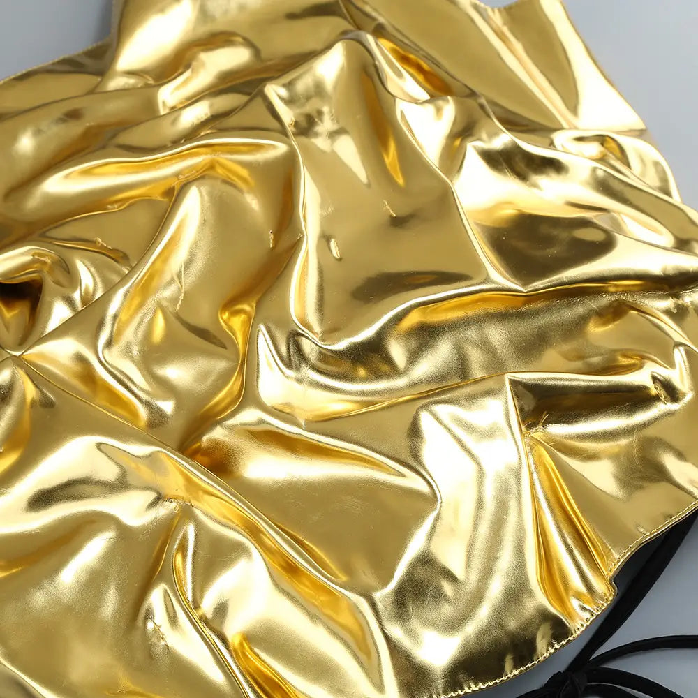 shiny gold metallic fabric with a crinkled reflective surface as part of the one-shoulder slit mop black dress two-piece set featuring set sexy lacing details