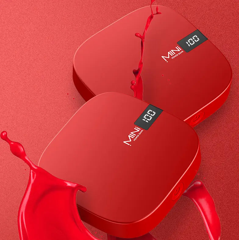 Red square-shaped mini power bank with a glossy finish and black digital display showing 100 for the mini power bank 10000mAh digital scale slim design.