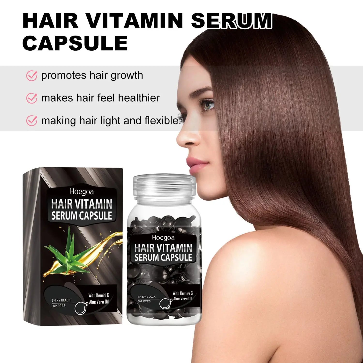 Hoegoa hair care black capsule vitamin serum in a clear glass bottle with black capsules and matching black packaging featuring an aloe vera image.