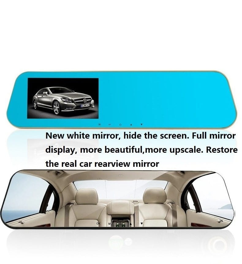 Blue rectangular glass white mirror rearview driving recorder with a built-in screen displaying a silver car, designed as a white glass white accessory to blend seamlessly into the vehicle interior.