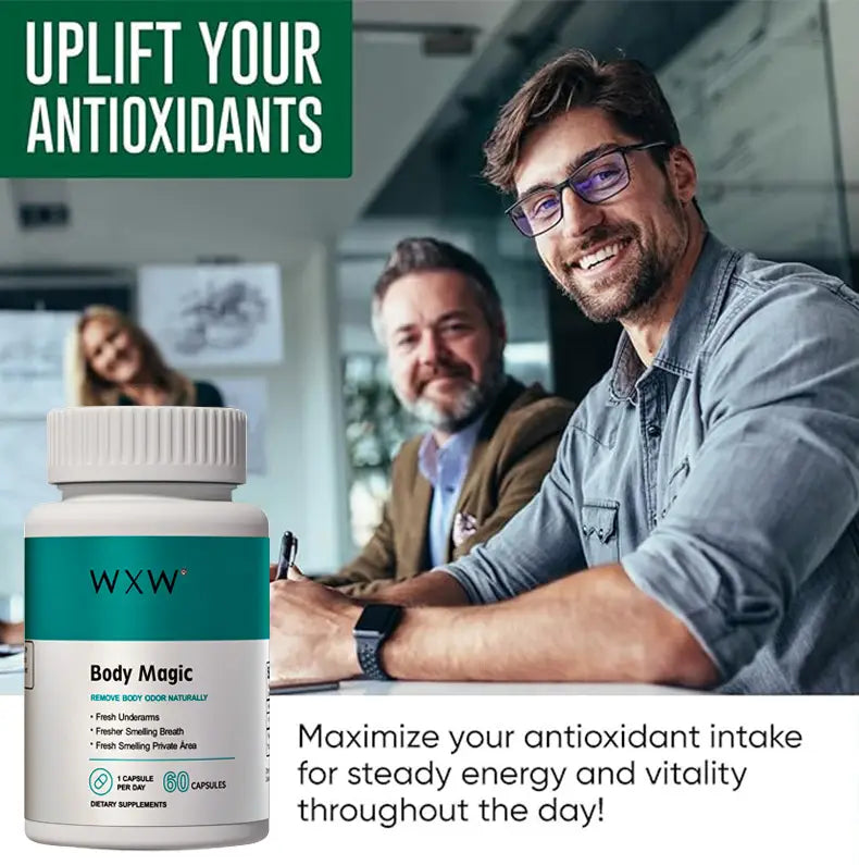 white plastic bottle with teal label and white cap branded wxx body magic containing certified gmp fda chlorophyll capsules for wellness and beauty use