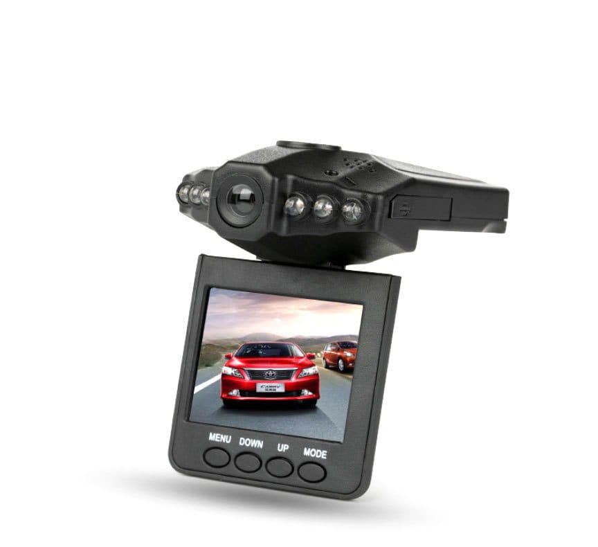Black plastic hd driving recorder with suction cup mount features a small screen displaying a red car and four circular led lights on the camera housing.
