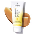 White tube of image skincare prevention+ daily tinted moisturizer spf 30 with gradient yellow label and tan product swatch