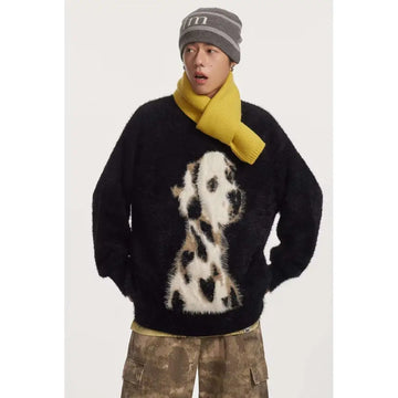Black cashmere knitted sweater featuring a dalmatian puppy jacquard design in jacquard mink cashmere material