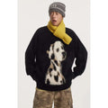 Black fuzzy cashmere knitted sweater featuring a prominent white and black dalmatian puppy jacquard design