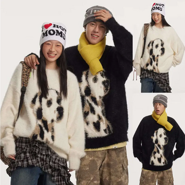 White and black dalmatian puppy jacquard fuzzy knit cashmere knitted sweater featuring jacquard mink cashmere design