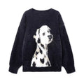 Black fuzzy cashmere knitted sweater with a white dalmatian puppy jacquard design in jacquard mink cashmere