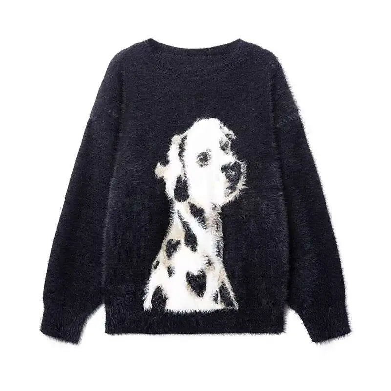 Black fuzzy cashmere knitted sweater with a white dalmatian puppy jacquard design in jacquard mink cashmere