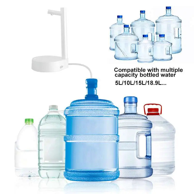 White plastic dispenser electric water with curved spout and base for large bottles in dark blue smart desk dispenser