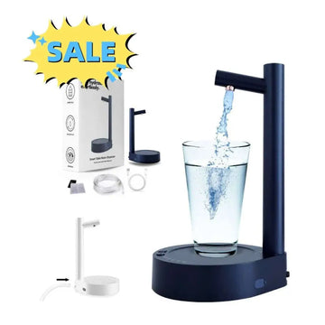 Dark blue smart desk dispenser electric water with sleek glass cup positioned beneath the spout for easy use