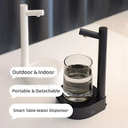 Dark blue smart electric water dispenser with sleek design and glass cup filled with water on smart desk dispenser