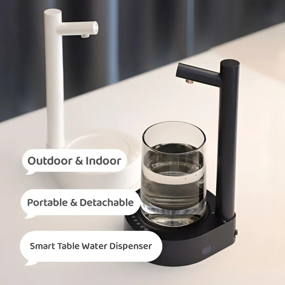 Dark blue smart electric water dispenser with sleek design and glass cup filled with water on smart desk dispenser